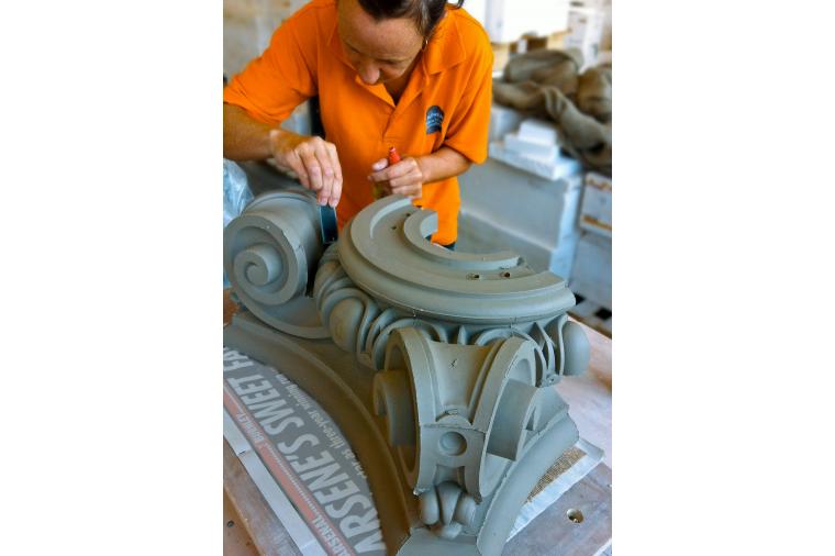 1) At Darwen Terracotta: skilled hand finishing of an ornate terracotta block destined for a building restoration project