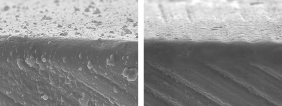 2) Close up of hard droplets formed during hard coating of cutting tools and then removed by surface finishing in an Otec DF machine