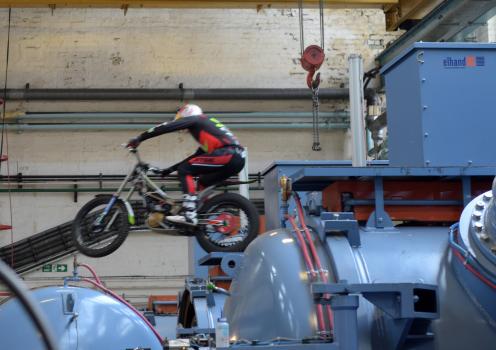 5) Dougie Lampkin takes the jump from a vacuum furnace